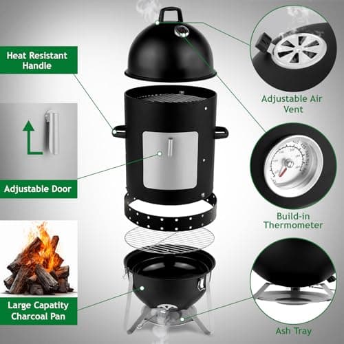 Outvita Vertical 18.8 Inch Steel Charcoal Smoker, Heavy Duty 3-in-1 Portable Outdoor Grill Cooker with Built-in Thermometer for Outdoor Backyard Cooking Grilling Camping