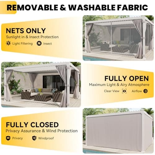 Louvered Pergola 10x12ft, Adjustable Aluminum Pergola with Waterproof Curtains and Nets, Sun & Rain Shade for Patio, Modern DIY Outdoor Living Upgrade, White