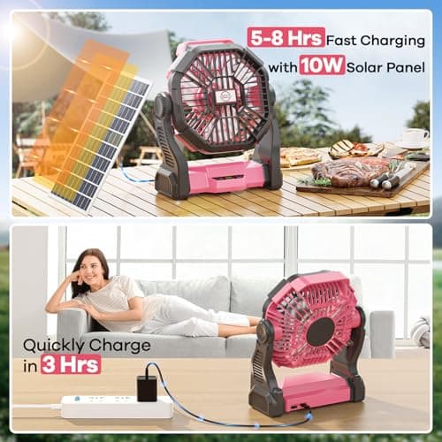 10400mAh Solar Fan with LED Lantern, 10W Solar Panel Rechargeable Battery Powered Camping Fan for Outside, 9 Inch Portable Battery Operated Power Bank for Picnic, Barbecue, Fishing, Travel