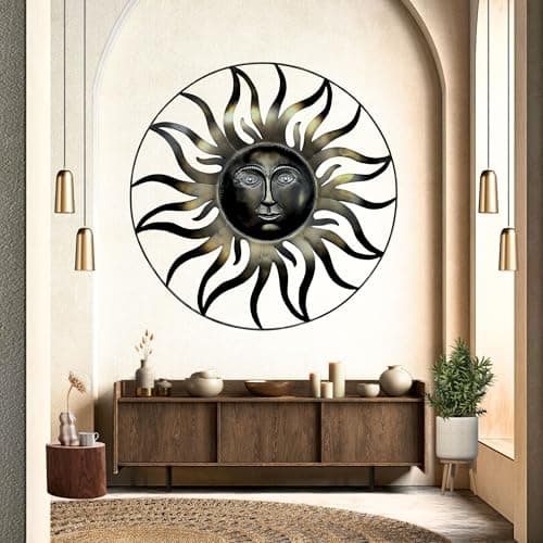 Bellaa 20018 Large Sun Metal Wall Art Sculpture Indoor Living Room Outdoor Garden Patio Farmhouse Home Decor Hanging Retro Rustic Statue Figurine