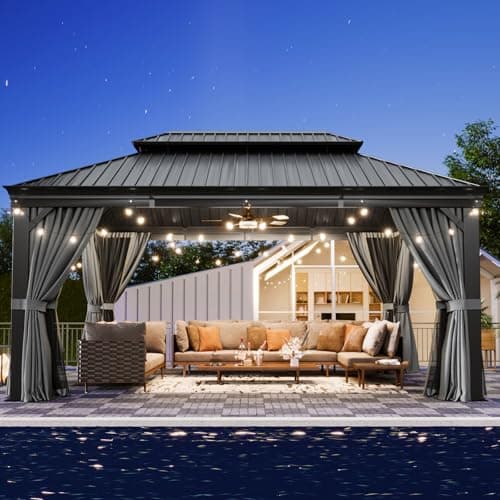 Aoxun 12' X 16' Permanent Hardtop Gazebo Aluminum Gazebo with Galvanized Steel Double Roof for Patio Lawn and Garden, Curtains and Netting Included, Grey