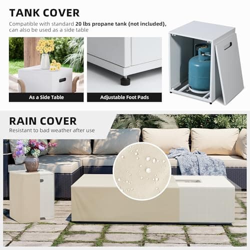 UPHA 56 inch Outdoor Gas Rectangle Fire Pit Table 50000 BTU Propane Iron Firepit for Outside Patio with Tank Cover, Removable Lid, Gold Reflective Glass, Lava Rocks, Rain Cover, White