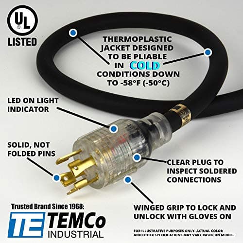 TEMCo 30 ft L14-30 - 30Amp Extreme Cold Weather Generator Extension Power Cord w/Lighted Plugs SJEOW Insulation Remains Flexible to -58F(-50C) 10 Gauge 4 Prong 125/250V 7500W UL Listed 1 YearWarranty