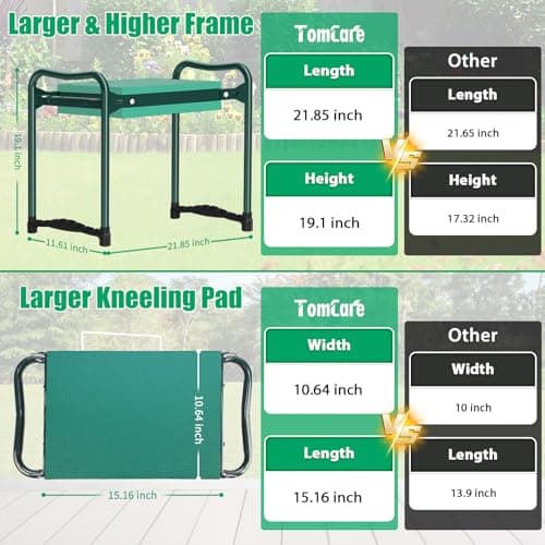 TomCare Garden Kneeler and Seat 10.64” Wider Larger Soft Kneeling Pad Garden Bench with 2 Large Tool Pouches Heavy Duty Garden Stool Foldable Tools Gardening Gifts for Women Men Gardeners