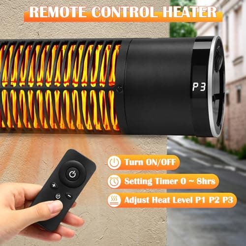 Electric Outdoor Heater, 1500W Patio Heater for Outdoor Use, Wall-Mounted Carbon Infrared Heater,With Remote, 3 Heat Levels, 8H Timers, Radiant Heater for Garage, Gazebos, Shop