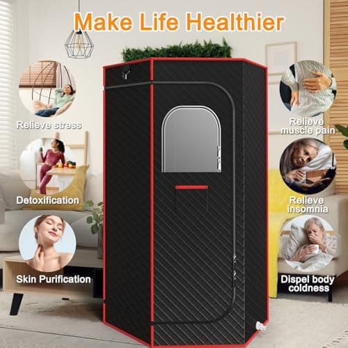 Portable Sauna Box, Steam Sauna for Home with 3L Steamer, Remote Control, Folding Chair and Mat, Personal Sauna Tent for Wellness & Relaxation, 15 Levels, Red