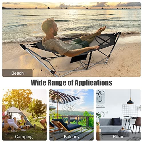 Portable Folding Hammock w/Side Pocket, Lounge Camping Bed w/Metal Stand & Anti-tip Buckles, Outdoor Camping Hammock with Carrying Bag for Patio Garden Yard, Easy Assembly (Grey)