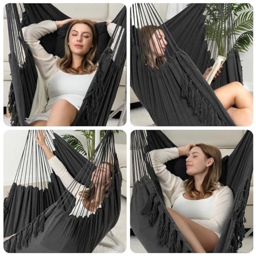 Y- STOP Hammock Chair Hanging Rope Swing, Max 500 Lbs, 2 Cushions Included, Large Macrame Hanging Chair with Pocket, Cotton Weave for Superior Comfort, Durability (Dark Grey)