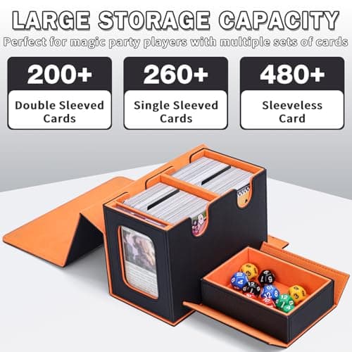 Commander Deck Box for MTG, Card Deck Box with Dice Tray and Display Window, Fits 200+ Double-Sleeved Cards, Magnetic Leather Trading Card Storage Case for Magic Game Cards (Black & Orange)