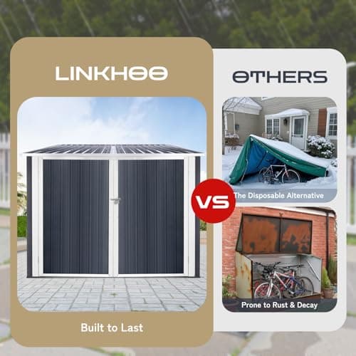 6’ x 6’ Bike Storage Shed, Bicycle Metal Shelter & Garage w/ 4 Rails and Lockable Door, Heavy Duty Bicycle Storage Shed for All Weather, Anthracite with White Trim