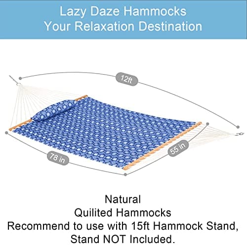 Lazy Daze Hammocks 12 FT Double Quilted Fabric Hammock with Spreader Bars and Detachable Pillow, 2 Person Hammock for Outdoor Patio Backyard Poolside, 450 LBS Weight Capacity, Blue Floral,HM003648