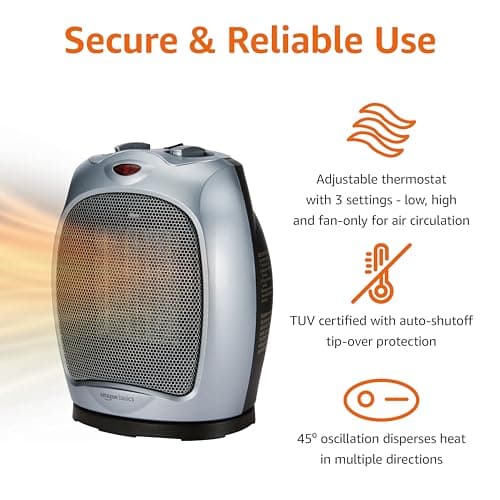 Amazon Basics Oscillating Ceramic Space Heater, Portable Heater for Indoor Use, for Office and Home, With Overheat and Tip-Over Protection, Thermostat, 1500W, Silver, 7.52"D x 6.34"W x 9.45"H