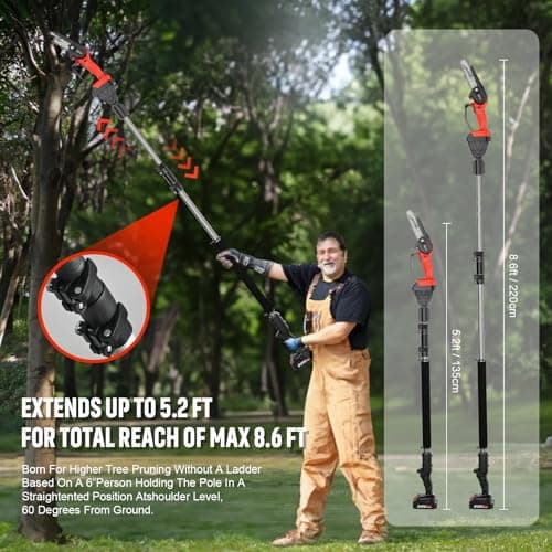 Cordless Pole Saw, 2-in-1 6" Battery Powered Pole Saws for Tree Trimming, 20V 2.0Ah Battery Mini Chainsaw with Pole, 15ft Reach Small Pole Saw for Wood Cutting, Trimming