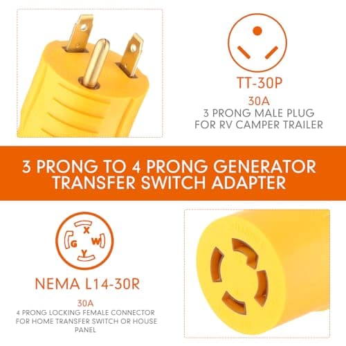 Kanayu Generator Transfer Switch Adapter Compatible with NEMA TT-30P Male to L14-30R Female, 30 Amp 3 Prong to 4 Prong Lock RV Generator Plug Adapter to House Inlet Box(Yellow)