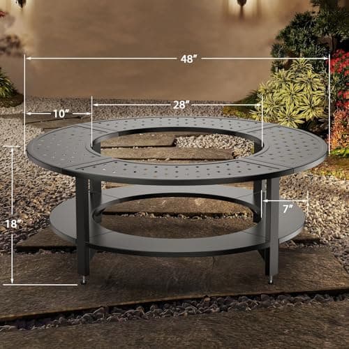 Uniflasy 48" Fire Pit Surround Tabletop for Solo Stove Yukon/Bonfire & Tiki, Powder-Coated Steel Surround Table with Firewood Storage Shelf for Safety & Extra Space, Outdoor Smokeless Fire Pit Table
