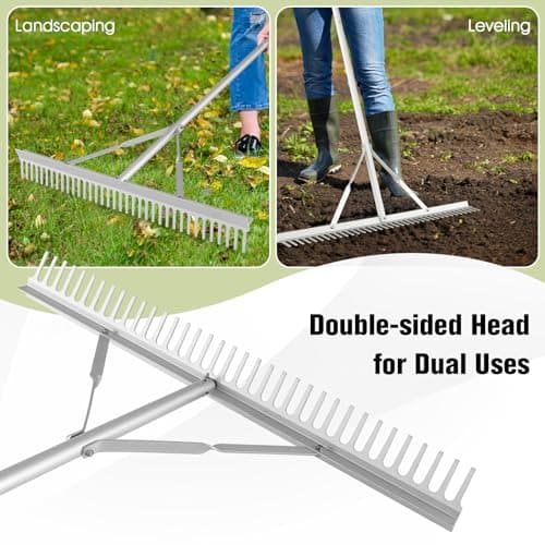 Goplus Landscape Rake 36 Inch, Aluminum Rake Head w/36 Tines and 68" Long Non-Slip Handle, Yard Rake Tool for Loosening & Leveling Soil, Landscaping Rake Beach Garden Lawn Care, Collecting Leaves