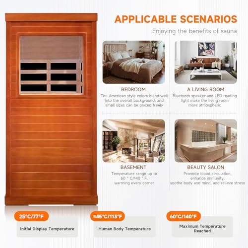 Sauna, Far Infrared Saunas for Home 1 Person Wood Sauna Okoume 800W/110V Low Emf Dry Sauna Indoor Sauna Room with Tempered Glass Door/Speakers/Air Hole and LED Lighting - 35.2*27.6*61.6 IN