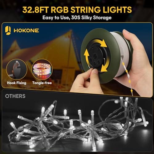 HOKONE Camping String Lights, 32.8FT 22 Lighting Modes Waterproof Rechargeable Quick Storage Portable Tent Lights Perfect for Spring Night Camping, Outdoor, Indoor, Party, Patio, Garden, Holiday Decor