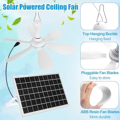 Solar Ceiling Fan Kit 16.5'', 15w Monocrystalline Solar Panel USB Hanging Ceiling Fan with Remote Control Timing Small Panel Kit for Patio Camping Tent Chicken Coop Greenhouse Shed