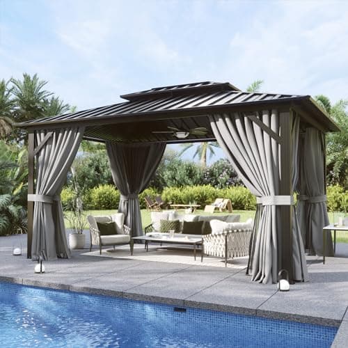 Aoxun 10'x12' Hardtop Gazebo, Aluminum Frame Canopy with Double Galvanized Steel Roof, Outdoor Metal Pavilion with Netting, Curtains for Backyard, Patio and Deck