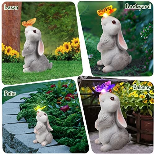 Garden Statue Outdoor Decor-Rabbit with Solar Butterfly Changing Lights Garden Statues,Bunny Statue for Patio,Balcony,Yard,Lawn Ornament,Gardening Gifts for Mom Grandma