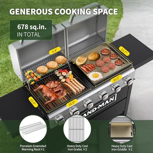 Brand-Man Griddle Grill Combo 6-Burner, 2 in 1 Versatile Propane Gas Grill and Griddle with Double Lids, BBQ Combo for Outdoor Kitchen & Backyard Barbecue Cooking