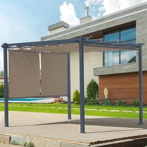 Aoodor 10 x 10 ft Outdoor Pergola with Retractable Shade Canopy, Matte Aluminum Frame, 4 Roller Shade Curtains, Grape Trellis for Patio, Backyard, Garden, and Deck, Dark Brown