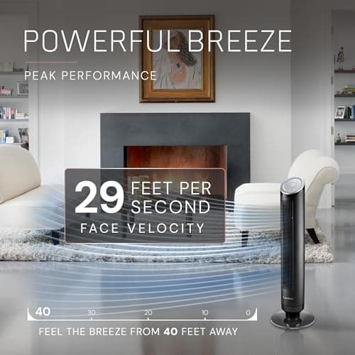 LASKO Ascend 36" Tower Fans for Home, 29 ft/s Airflow, Quiet 29dB on Low, 90° Oscillation, 12 Hour Timer, Air Filter for Hair & Dust, Remote, Black, OST100