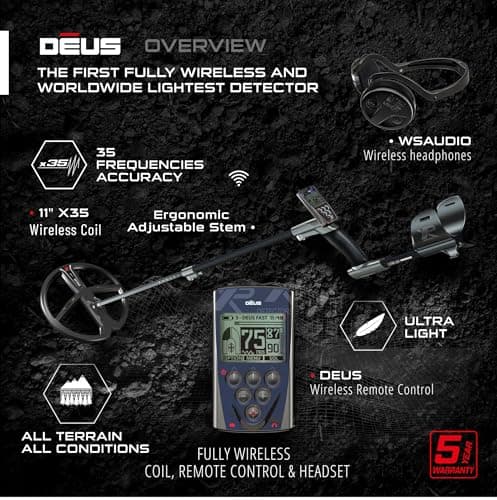 XP Metal Detectors Deus - with WSAUDIO Headphones & MI-6 Pinpointer - Weatherproof and Fully Wireless - 11" X35 Coil, Remote Control & S-Telescopic Stem (DEUS-28X35RCEA + WSAUDIO + MI-6)