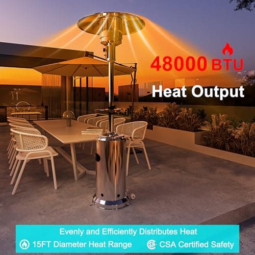 48,000 BTU Patio Heater, Stainless Steel Propane Heater With Wheels, Portable Outdoor Heaters for Patio, Backyard, Balcony, Silver