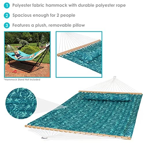 Sunnydaze Quilted Outdoor Hammock with Spreader Bars - Heavy-Duty 450-Pound Capacity Double Hammock for Outside - Cool Blue Tropics