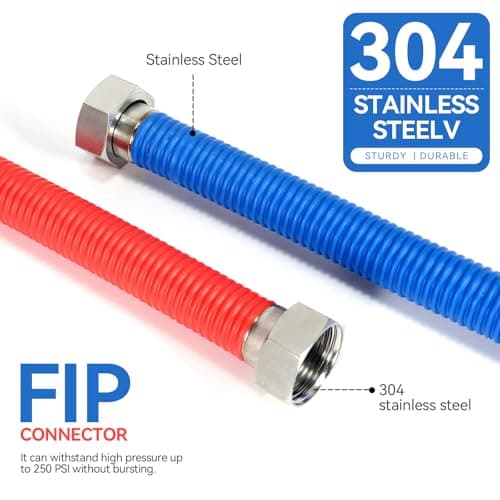 24Inch Flexible Stainless Steel Corrugated Water Heater Connector,1/2"FIP x 1/2"FIP,Flexible Water Heater Hose,Hot and Cold Color Code,304 Stainless Steel Connector and Pipe,PE Protective Layer2Pack