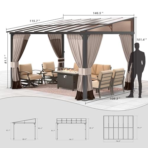 Gotland 10FTx12FT Outdoor Wall-Mounted Hardtop Pergola, Metal Frame Gazebo with Sloping Sun Panel Roof and Double Curtains for Patio, Garden, Lawn, Khaki