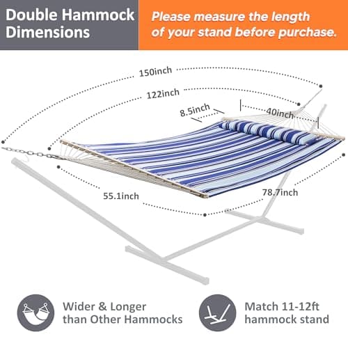 SUNCREAT Hammocks Quilted Fabric Hammock, Double Hammock with Spreader Bar, Soft Pillow, Max 475lbs Capacity, Blue Stripes