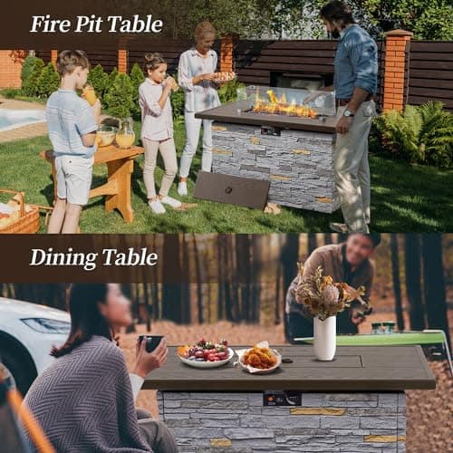 43" Propane Fire Pit Table Outdoor Rectangular Stone Firepit Table 50000 Btu Propane Fire Tables for Outside Patio with Glass Wind Guard, Lid, Fire Glass Beads, Pizzello Caldo (Gray Stone)