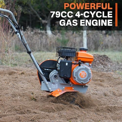 NOVUS 17-Inch Gas Tiller for Gardening, 79cc 4-Cycle Gas Engine, 2-in-1 Front Tine Tiller Cultivator, Toolless Tilling Width Adjustment, Forged Steel Tines, Integrated Transport Wheels