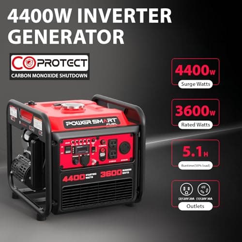 PowerSmart Portable Inverter Generator 4450W, Gas Powered, CO-Sensor, EPA Compliant, Lightweight & Quiet for Home Use and Emergency Backup, Camping