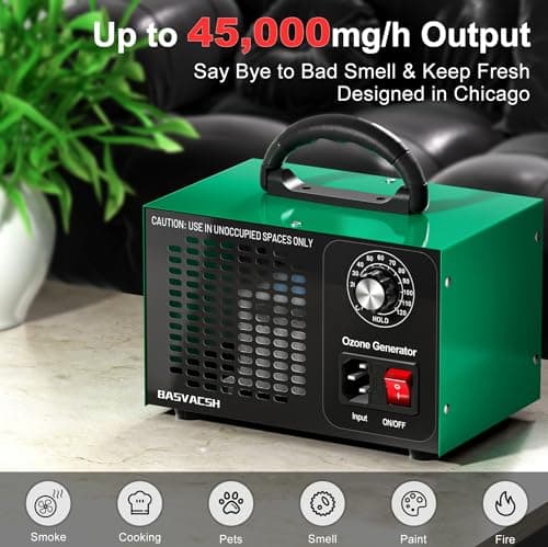 Ozone Generator 45,000mg/h, Industrial/Home O3 Air Purifier Deodorizer for Areas of 2500 Square Feet - High Capacity Ozone Machine Air Ionizer Odor Clean for Rooms, Smoke, Cars, Pets (Green)