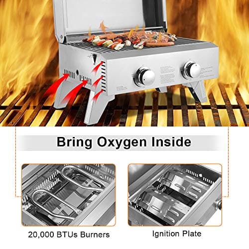 ROVSUN Portable Gas Grill with 2 Burner, 20,000BTU Large Tabletop Camping Propane Griddle for Outdoor Patio Garden BBQ Picnic Tailgating Trip Home Use with Stainless Steel Body, Regulator & Hose