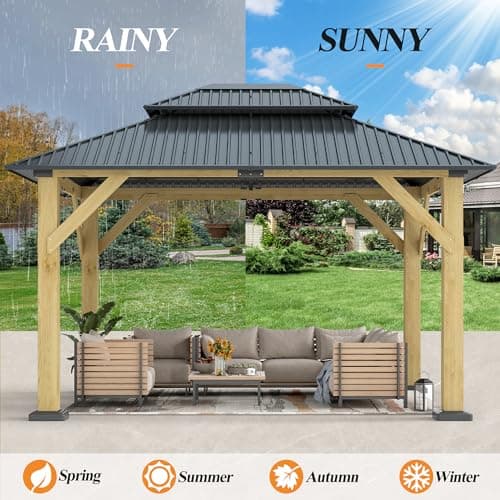 10’x 12’ Outdoor Wood Gazebo - Patio Hardtop Gazebo Permanent Wooden Pavilion with Galvanized Steel Double Roof, Cedar Wooden Gazebos for Garden, Lawn, Poolside, Backyard Deck