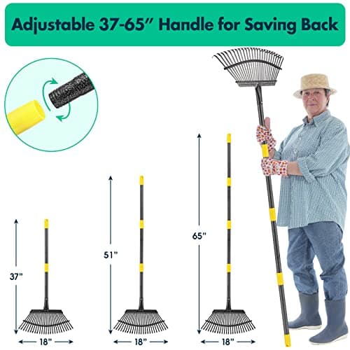 Rake - 65 Inch Long Garden Leaf Rake, 18 Inch Wide Heavy Duty Leaf Rakes for Shrub with 25 Metal Tines,Yard Thatching Rakes with Ergonomics Adjustable Handle for Picking Leaves,Grass Clippings Garbage