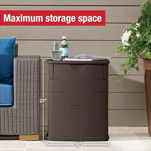 Rubbermaid Small Resin Outdoor Storage Deck Box (19 Gal), Weather Resistant, Brown, Deck Organization for Home/Small Garden Tools/Grilling Accessories/Pool Supplies