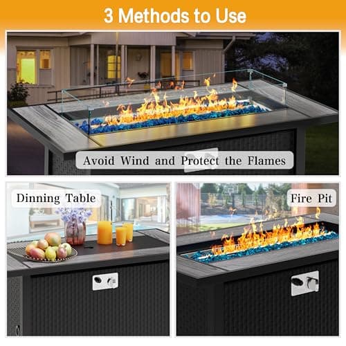 Meilocar 45in Fire Table, Propane Fire Pit with Glass Wind Guard and Rain Cover, Outdoor Firepit Table 50000 BTU 3-in-1 Fire Table for Patio/Yard/Balcony, Gray Tabletop