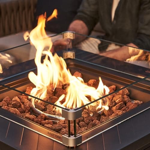 EAST OAK Glass Wind Guard for 28''&32'' Propane Fire Pit Table, Clear Tempered Wind Guard for Gas Firepit, Thick Rectangle Glass Shield with Aluminum Corner Bracket & Rubber Feet，20 x 20 x 4 inch