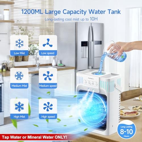 Portable Air Conditioner Cooling Fan with Remote, Quiet with 3 Speeds, 1200ml Evaporative Personal Air Cooler Fan with 3 Mist, 7 Night Light, 8H Timer, Small Air Conditioner for Bedroom Office