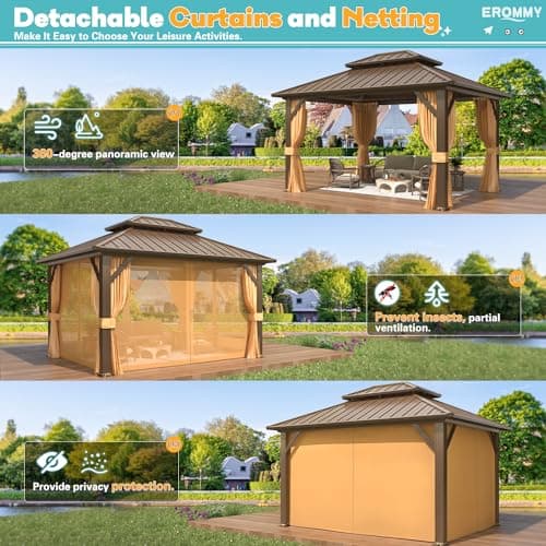 EROMMY 10' x 12' Hardtop Gazebo, Aluminum Frame Gazebos with Galvanized Steel Double Roof, Permanent Outdoor Metal Pavilion with Curtain and Netting for Patio, Lawn, Deck