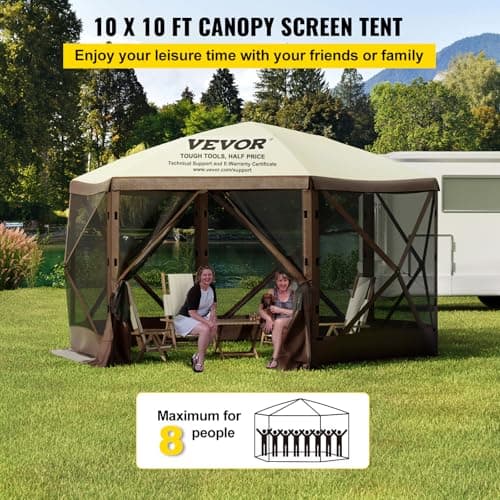 VEVOR Pop Up Gazebo Screen Tent, Pop-Up Instant Gazebo Tent with Mosquito Netting Outdoor Canopy, 6 Sided Sun Shelter 10x10ft with 6 Removable Wind Cloths & 2 Mesh Windows, Pavilion Tent for Patio