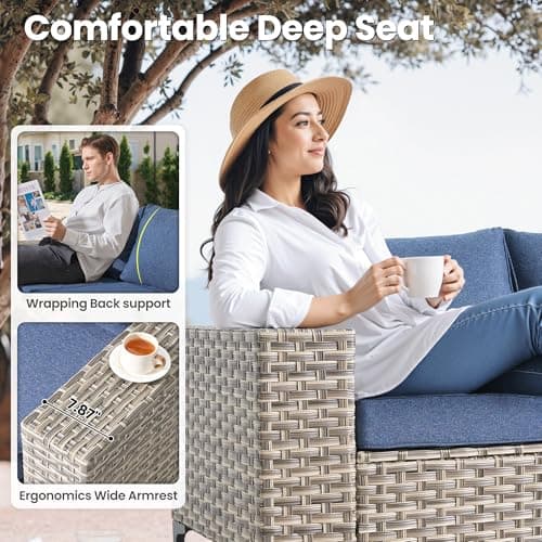 ovios 9 Pieces Patio Furniture Set Outdoor Sectional Sofa Couch with Fire Pit Table Swivel Rocking Chairs Comfy Cushions, Modern Modular Wicker Rattan Conversation Sets, Denim Blue