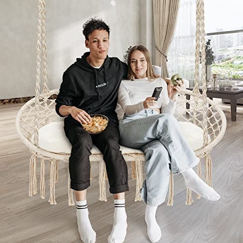 Hammock Chair Macrame Hanging Swing with Cushion,Hanging Cotton Ropes, Metal Frame, 450 lbs Capacity Indoor Outdoor, Patio, Balcony, Living,Deck, Yard, Garden(Double Swing) Beige