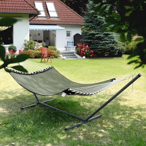 Patio Watcher 13 FT Quick Dry Olefin Hammock - Outdoor Double Hammock with Metal Curved Spreader Bars - 450 lbs Capacity - Dark Green